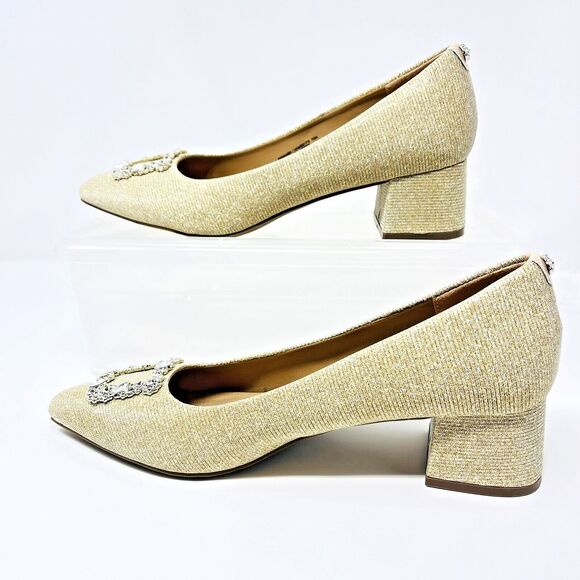 ANNE KLEIN Gold Glitter Metallic Pointed Toe Block Heels Pumps sz 10 NWOB - Picture 2 of 12